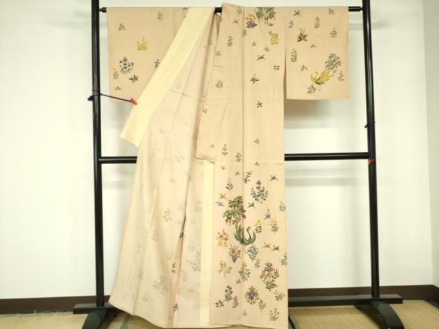 平和屋着物▽訪問着　単衣　紬地　型染　花鳥文　正絹　逸品　DABE1523op
