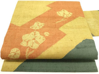 平和屋着物●九寸名古屋帯　紬地　絞り　草花　正絹　逸品　DABE1532op