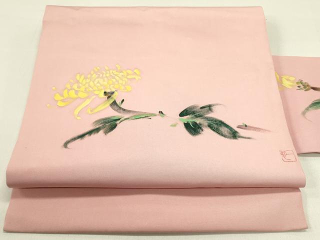 平和屋着物●塩瀬　九寸名古屋帯　作家物　手描き　草花　正絹　逸品　DABE1533op