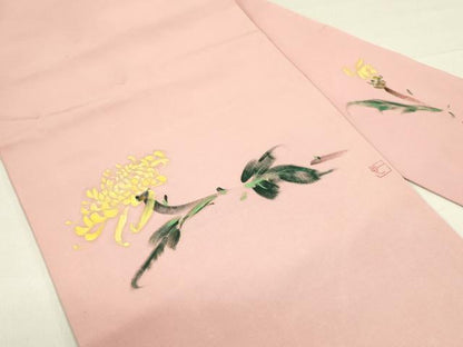 平和屋着物●塩瀬　九寸名古屋帯　作家物　手描き　草花　正絹　逸品　DABE1533op