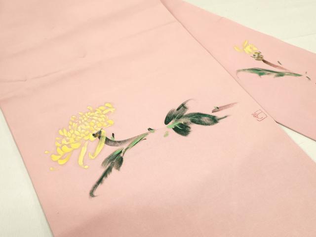 平和屋着物●塩瀬　九寸名古屋帯　作家物　手描き　草花　正絹　逸品　DABE1533op