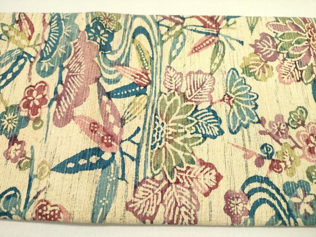 平和屋着物●九寸名古屋帯　紬地　型染　流水花文　金銀糸　正絹　逸品　DABE1534op