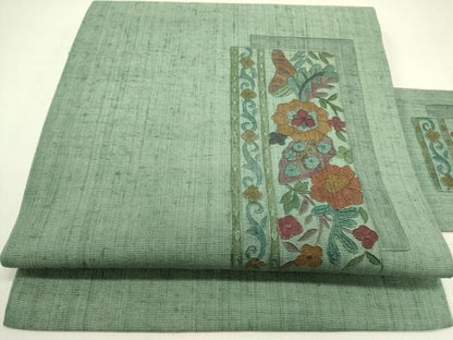 平和屋着物●九寸名古屋帯　紬地　総刺繍　草花　正絹　逸品　DABE1536op