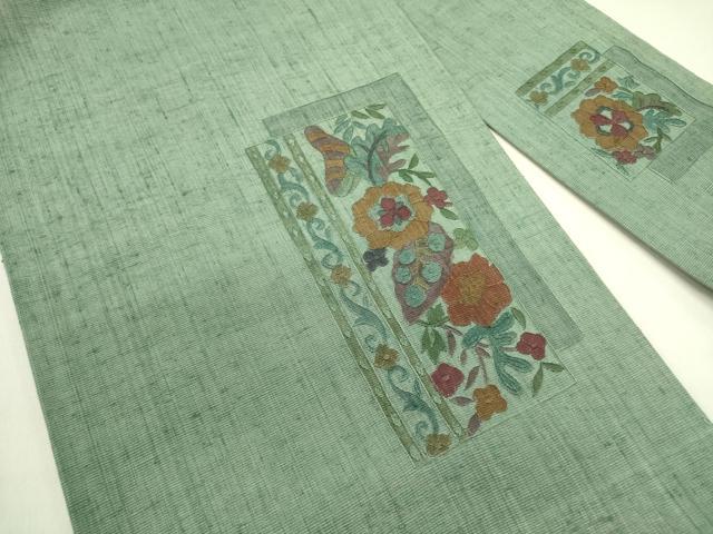 平和屋着物○九寸名古屋帯 紬地 総刺繍 草花 正絹 逸品 DABE1536op