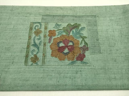 平和屋着物●九寸名古屋帯　紬地　総刺繍　草花　正絹　逸品　DABE1536op