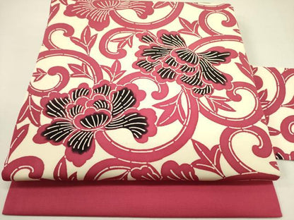 平和屋着物●塩瀬　全通柄九寸名古屋帯　型染　更紗花唐草文　正絹　逸品　未使用　DABE1538op