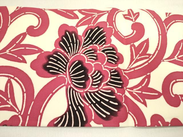 平和屋着物●塩瀬　全通柄九寸名古屋帯　型染　更紗花唐草文　正絹　逸品　未使用　DABE1538op