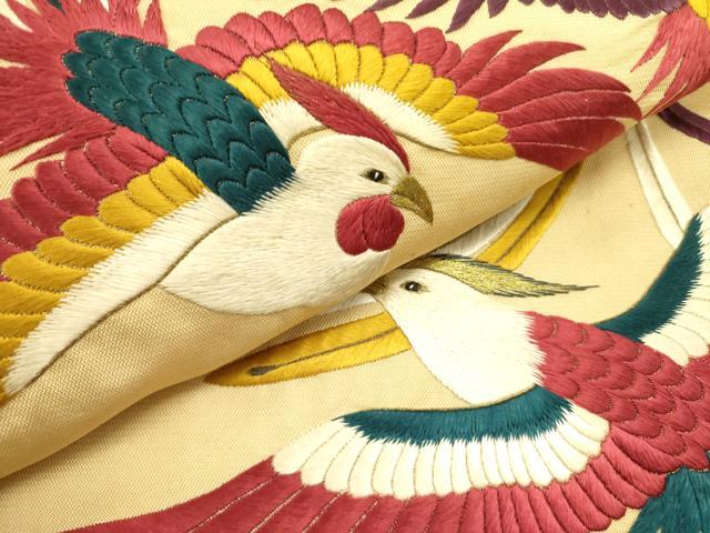平和屋着物●アンティーク　大正ロマン　九寸名古屋帯　総刺繍　鳳凰　金糸　正絹　逸品　DABE1709op