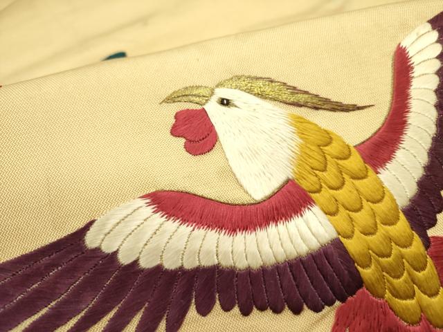 平和屋着物●アンティーク　大正ロマン　九寸名古屋帯　総刺繍　鳳凰　金糸　正絹　逸品　DABE1709op