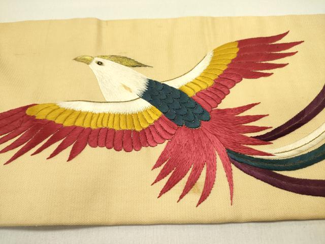 平和屋着物●アンティーク　大正ロマン　九寸名古屋帯　総刺繍　鳳凰　金糸　正絹　逸品　DABE1709op