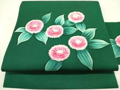 平和屋着物●塩瀬　九寸名古屋帯　手描き　草花　正絹　逸品　DABE1710op