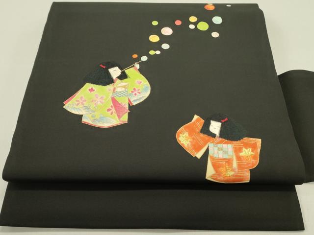 平和屋着物●塩瀬　九寸名古屋帯　刺繍　童子遊び　シャボン玉　黒地　金彩　正絹　逸品　DABE1711op
