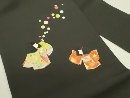 平和屋着物●塩瀬　九寸名古屋帯　刺繍　童子遊び　シャボン玉　黒地　金彩　正絹　逸品　DABE1711op