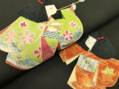 平和屋着物●塩瀬　九寸名古屋帯　刺繍　童子遊び　シャボン玉　黒地　金彩　正絹　逸品　DABE1711op