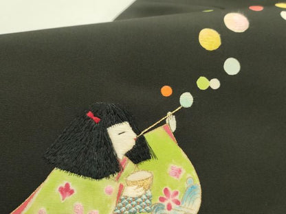 平和屋着物●塩瀬　九寸名古屋帯　刺繍　童子遊び　シャボン玉　黒地　金彩　正絹　逸品　DABE1711op