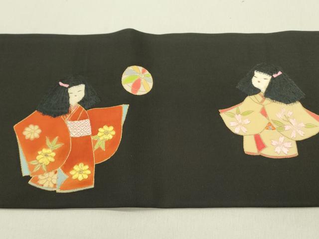 平和屋着物●塩瀬　九寸名古屋帯　刺繍　童子遊び　シャボン玉　黒地　金彩　正絹　逸品　DABE1711op
