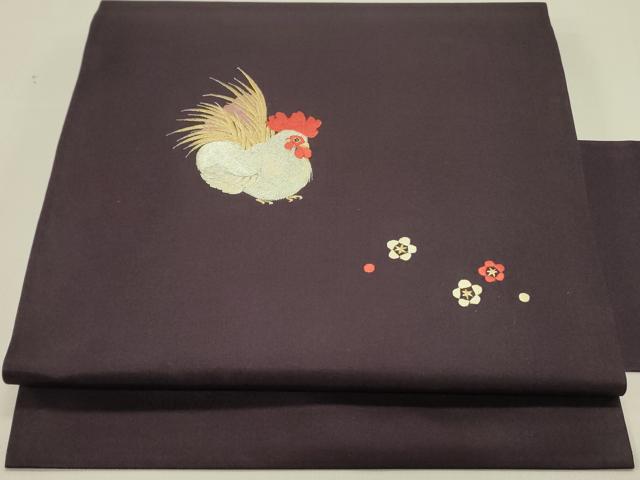 平和屋着物●九寸名古屋帯　総刺繍　鶏　ニワトリ　舞花　金銀糸　正絹　逸品　DABE1715op