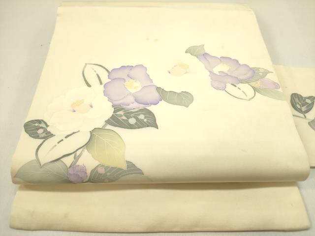 平和屋着物●塩瀬　九寸名古屋帯　友禅　草花　正絹　逸品　DABE1717op