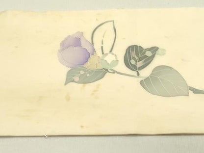平和屋着物●塩瀬　九寸名古屋帯　友禅　草花　正絹　逸品　DABE1717op