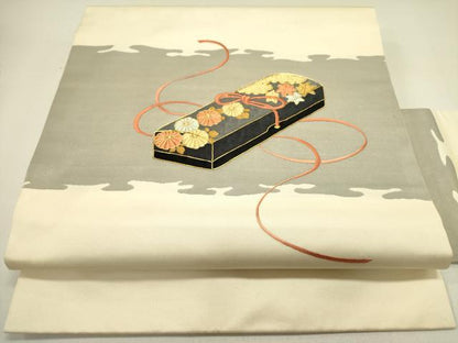 平和屋着物●九寸名古屋帯　駒刺繍　総刺繍　花文箱　正絹　逸品　DABE1719op