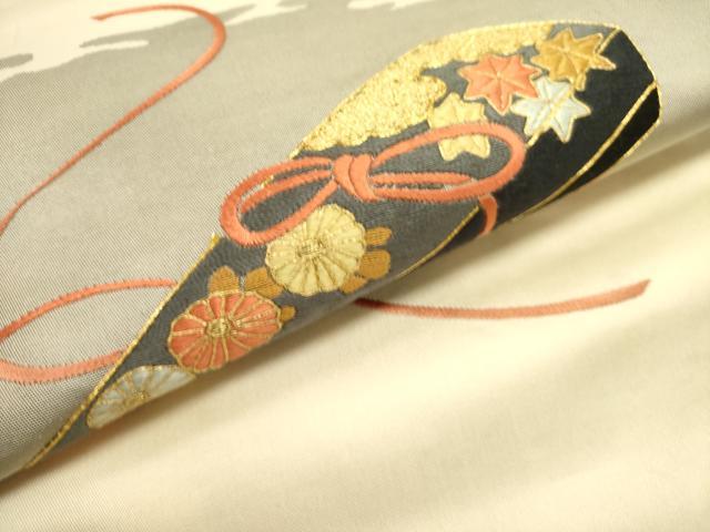 平和屋着物●九寸名古屋帯　駒刺繍　総刺繍　花文箱　正絹　逸品　DABE1719op