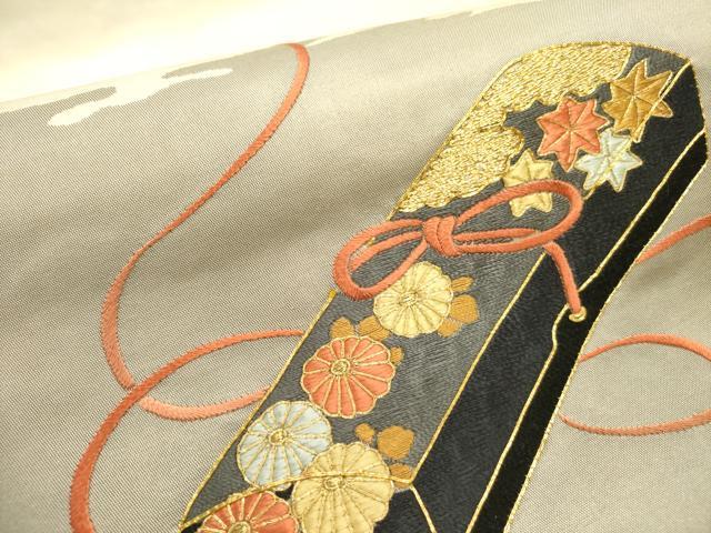 平和屋着物●九寸名古屋帯　駒刺繍　総刺繍　花文箱　正絹　逸品　DABE1719op