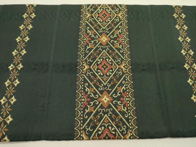 平和屋着物●九寸名古屋帯　横段花文　黒地　正絹　逸品　DABE1722op