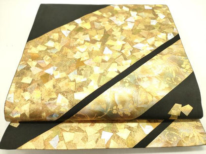 平和屋着物●金彩友禅作家　金彩の魔術師　堀省平　金煌織　太鼓柄袋帯　箔散らし　黒地　金銀彩　正絹　逸品　DABE1725op