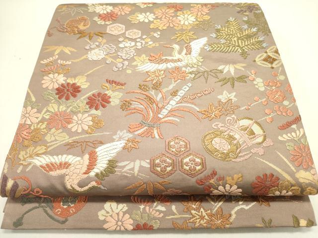 平和屋着物●六通柄袋帯　唐織　草木染　宝尽くし飛鶴花文　金糸　正絹　逸品　DABE1730op