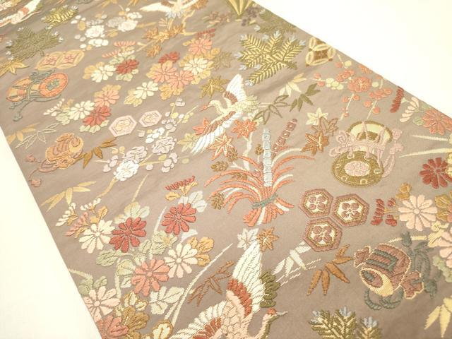 平和屋着物●六通柄袋帯　唐織　草木染　宝尽くし飛鶴花文　金糸　正絹　逸品　DABE1730op