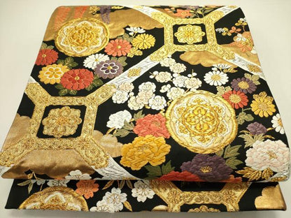 平和屋着物●唐織・西陣の老舗・名門・藤原織物　六通柄袋帯　唐織　蜀江花文　黒地　金糸　正絹　逸品　DABE1733op
