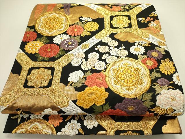 平和屋着物●唐織・西陣の老舗・名門・藤原織物　六通柄袋帯　唐織　蜀江花文　黒地　金糸　正絹　逸品　DABE1733op
