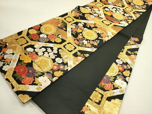 平和屋着物●唐織・西陣の老舗・名門・藤原織物　六通柄袋帯　唐織　蜀江花文　黒地　金糸　正絹　逸品　DABE1733op