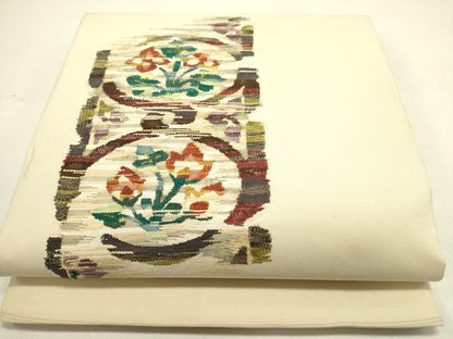 平和屋着物●西陣　川島織物　太鼓柄袋帯　すくい織　草花　正絹　逸品　DABE1772op