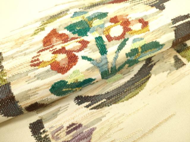 平和屋着物●西陣　川島織物　太鼓柄袋帯　すくい織　草花　正絹　逸品　DABE1772op