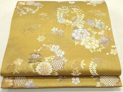 平和屋着物●六通柄袋帯　唐織　草花丸文　金糸　やまと誂製　正絹　逸品　DABE1776op