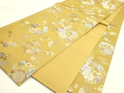 平和屋着物●六通柄袋帯　唐織　草花丸文　金糸　やまと誂製　正絹　逸品　DABE1776op