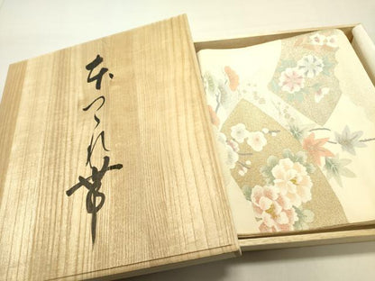 平和屋着物●爪掻き本綴れ　八寸名古屋帯　作家物　地紙花文　金銀糸　共箱付き　正絹　逸品　DABE1793op