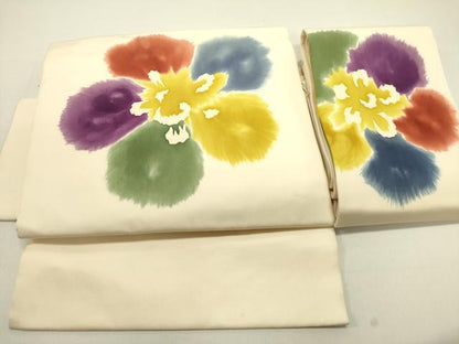 平和屋着物●塩瀬　つけ帯　手描き　舞花　正絹　逸品　DABE1799op