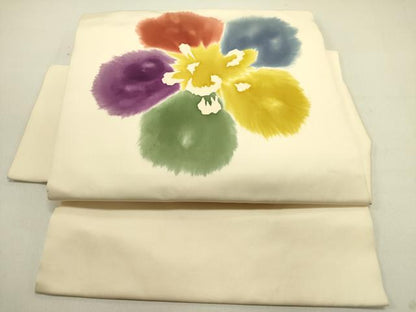 平和屋着物●塩瀬　つけ帯　手描き　舞花　正絹　逸品　DABE1799op