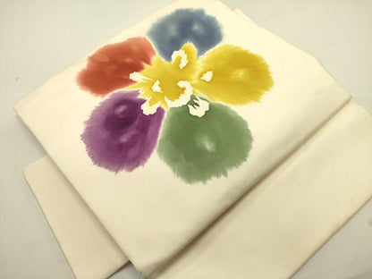 平和屋着物●塩瀬　つけ帯　手描き　舞花　正絹　逸品　DABE1799op