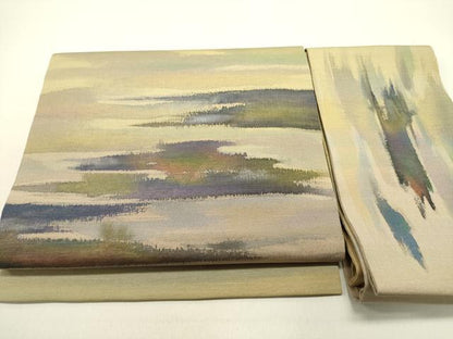 平和屋着物●染色家　岩浅公展　つけ帯　紬地　風景文　正絹　逸品　DABE1800op