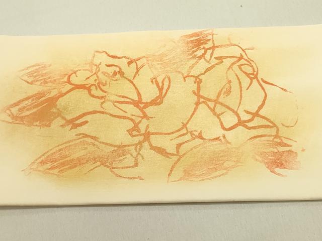 平和屋着物●塩瀬　九寸名古屋帯　作家物　手描き　抽象文様　金彩　正絹　逸品　DABE1805op