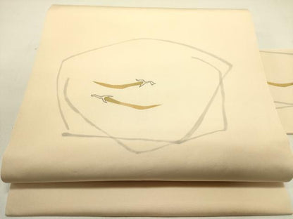 平和屋着物●塩瀬　九寸名古屋帯　手描き　成り物　金彩　正絹　逸品　DABE1808op