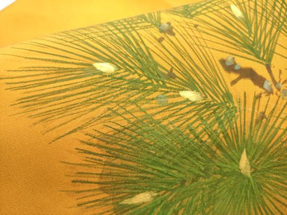 平和屋着物●塩瀬　九寸名古屋帯　作家物　枝松葉に鳥　金彩　逸品　DABE1810op