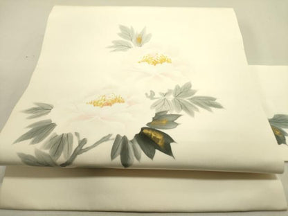 平和屋着物●塩瀬　九寸名古屋帯　作家物　手描き　牡丹　金彩　正絹　逸品　DABE1815op