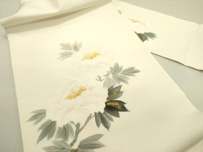 平和屋着物●塩瀬　九寸名古屋帯　作家物　手描き　牡丹　金彩　正絹　逸品　DABE1815op