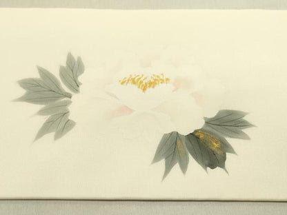 平和屋着物●塩瀬　九寸名古屋帯　作家物　手描き　牡丹　金彩　正絹　逸品　DABE1815op
