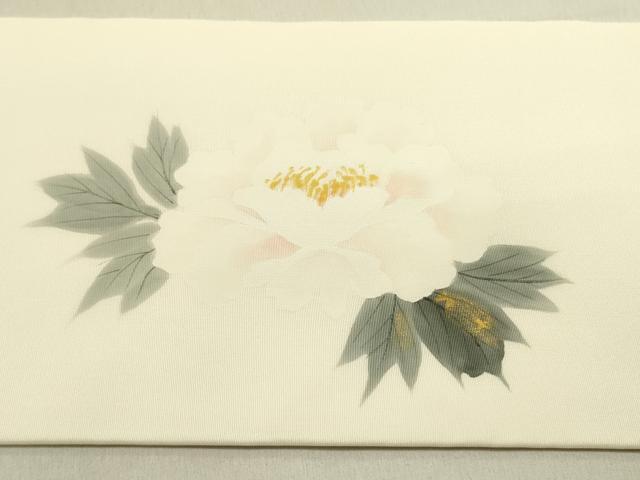 平和屋着物●塩瀬　九寸名古屋帯　作家物　手描き　牡丹　金彩　正絹　逸品　DABE1815op