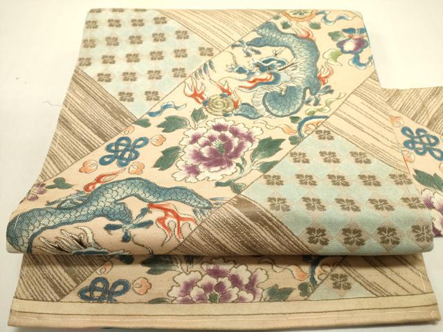 平和屋着物●アンティーク　大正ロマン　九寸名古屋帯　龍　牡丹　金糸　正絹　逸品　DABE1816op